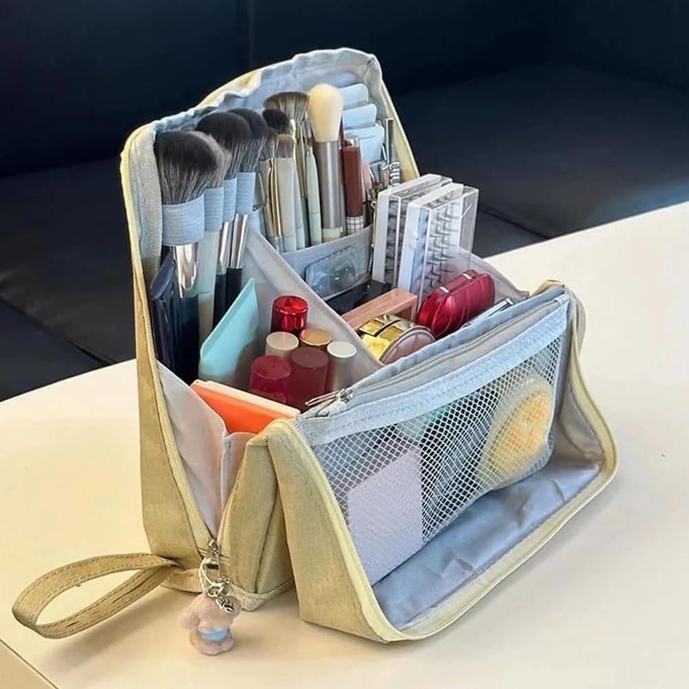 Doresty Makeup Bag, Large Capacity Standing Make up Bags, Multifunctional Waterproof Cosmetic Organizer, Multi-purpose Portable Oxford Handbag with Compartments for Travel Work Home(Gray)