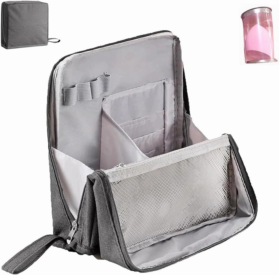 Doresty Makeup Bag, Large Capacity Standing Make up Bags, Multifunctional Waterproof Cosmetic Organizer, Multi-purpose Portable Oxford Handbag with Compartments for Travel Work Home(Gray)