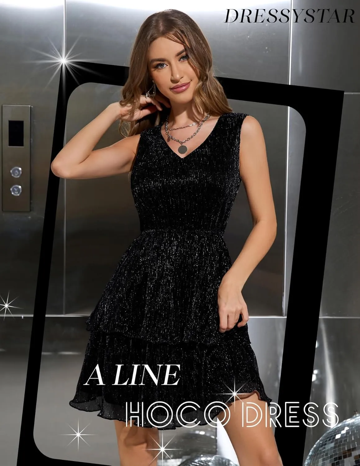 Dressystar Womens Glitter Tiered V Neck Cocktail Dress 2025 A Line Sleeveless Sequin Ruffle Short Prom Evening Party Dresses