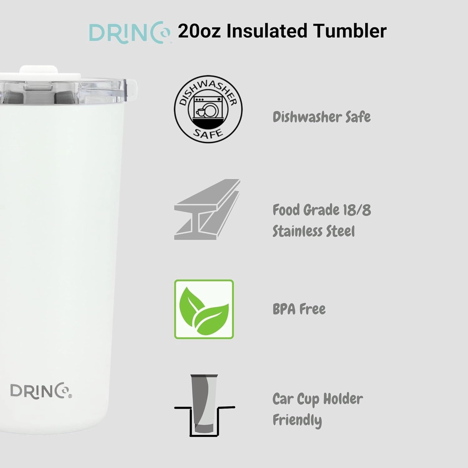 Drinco - 20 oz Stainless Steel Tumbler | Double Walled Vacuum Insulated Mug With Lid, 2 Straws, For Hot & Cold Drinks (20oz Artic White, 20oz)