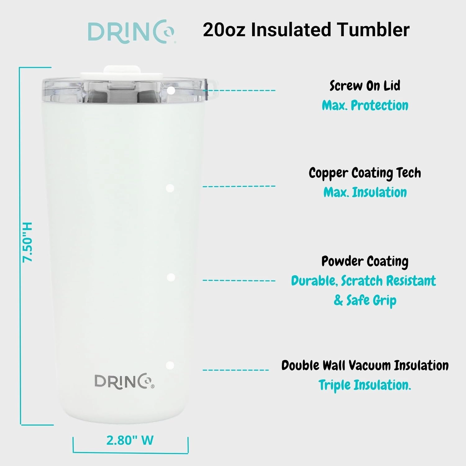 Drinco - 20 oz Stainless Steel Tumbler | Double Walled Vacuum Insulated Mug With Lid, 2 Straws, For Hot & Cold Drinks (20oz Artic White, 20oz)