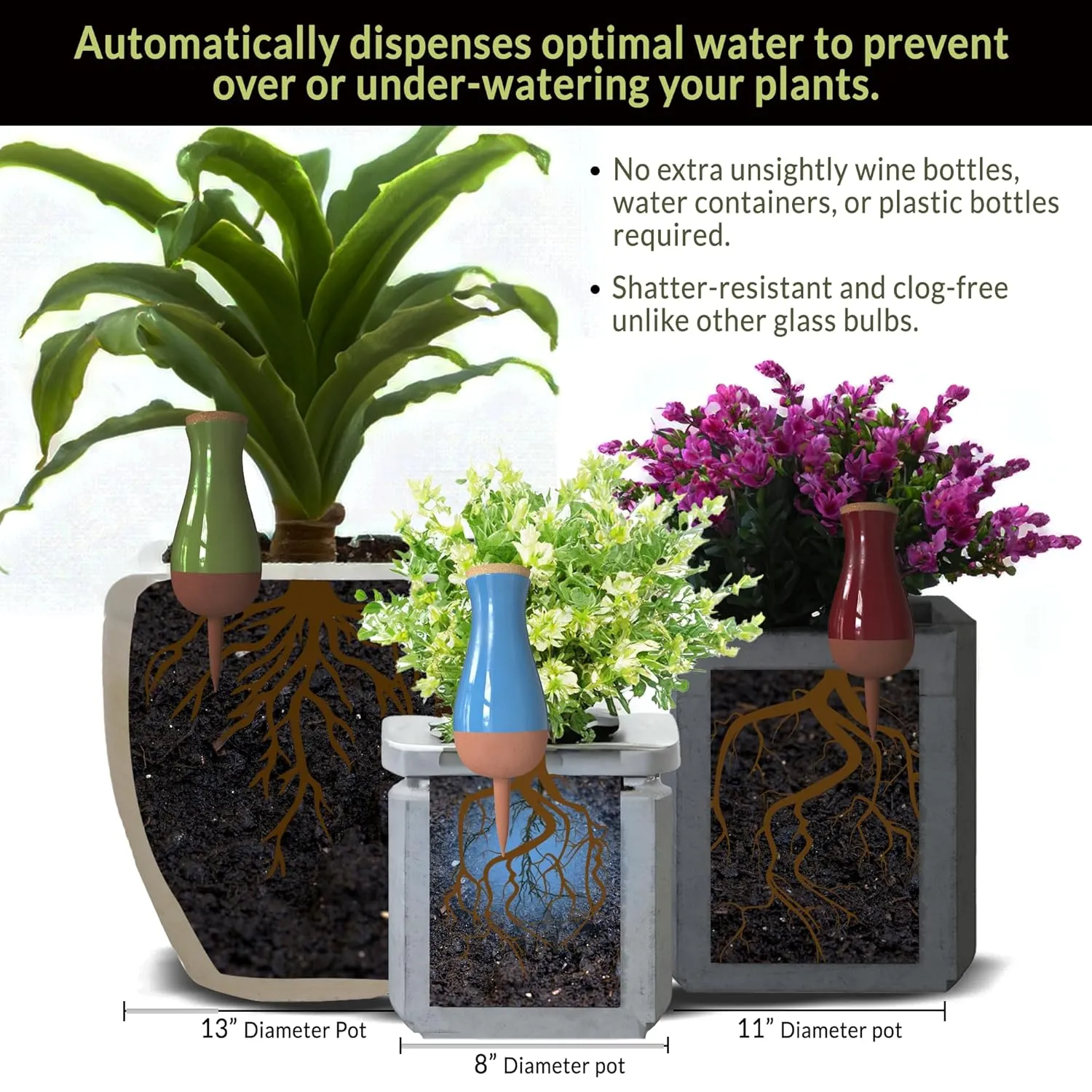 Drip Irrigation Stakes - Extra Large Improved Drip Easy-Refill 4 Week Waterer System with Large Reservoir Bulbs - Automatic Self-Watering Device for Indoor & Outdoor Plants