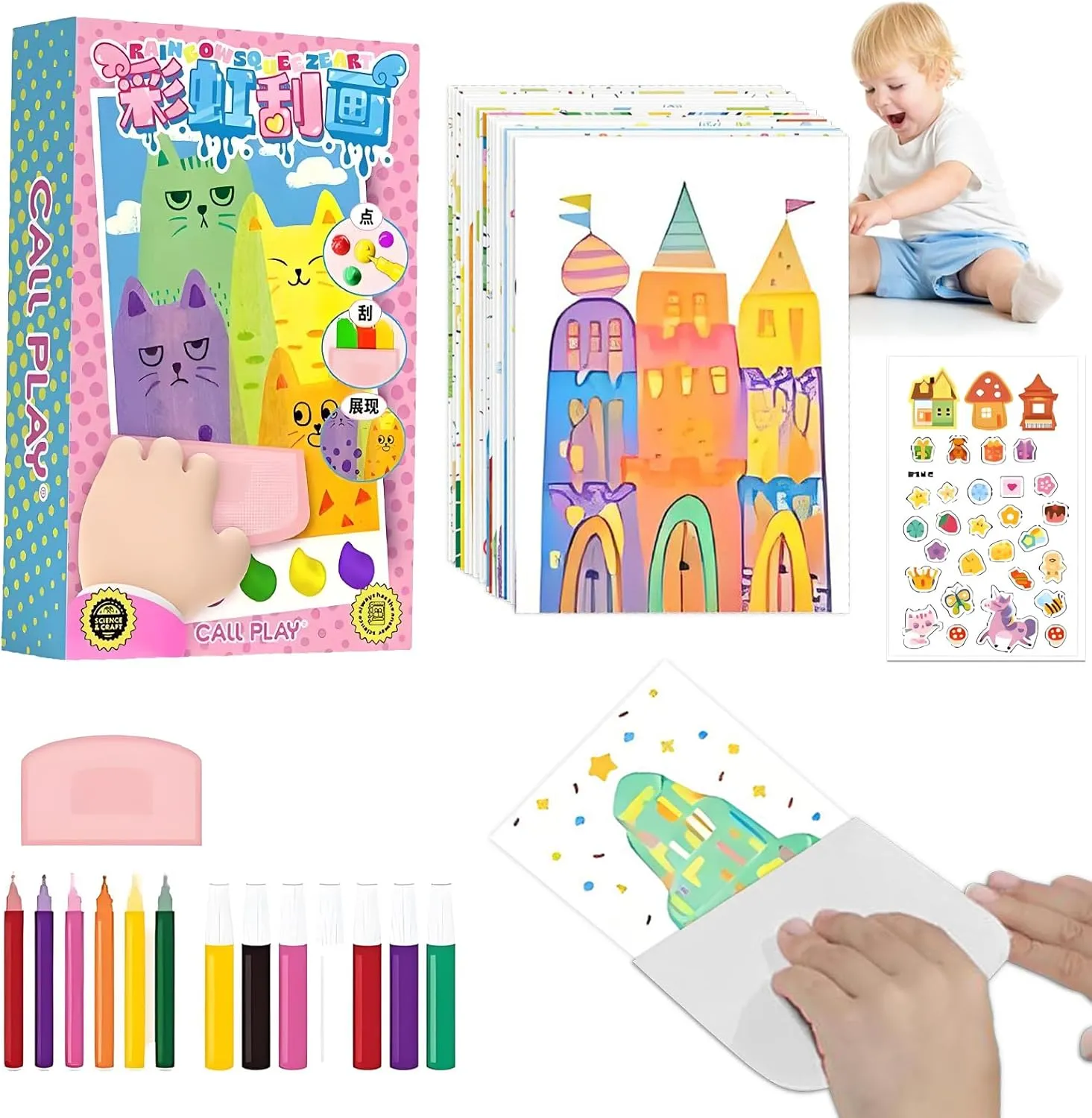 EGOBUY Rainbow Scratch Art for Kids, Creative Squeegee Painting Kit, Abstract Dot Painting Art, DIY Pointillism Scratch Paper Crafts, Magic Paint Set, Favors Postcard Gifts for Girls Boys(A)