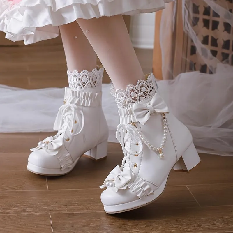 Elbslutt Women Goth Platform Boots Kawaii Lolita Chunky Heel Ankle Boots Bow Lace Up Ankle Boots Cute Sweet Cosplay Booties Punk Shoes