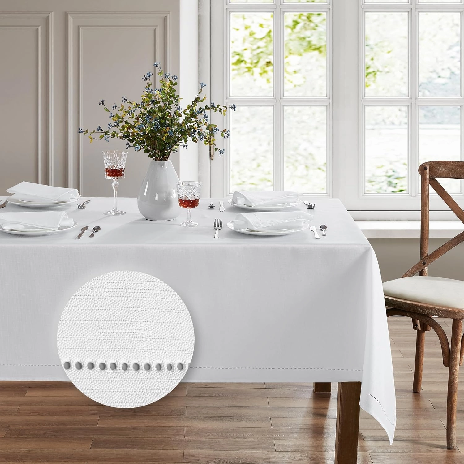 Elrene Home Fashions Alison Eyelet Border Design Wrinkle Resistant Fabric Tablecloth, 60"x84" Rectangle, White
