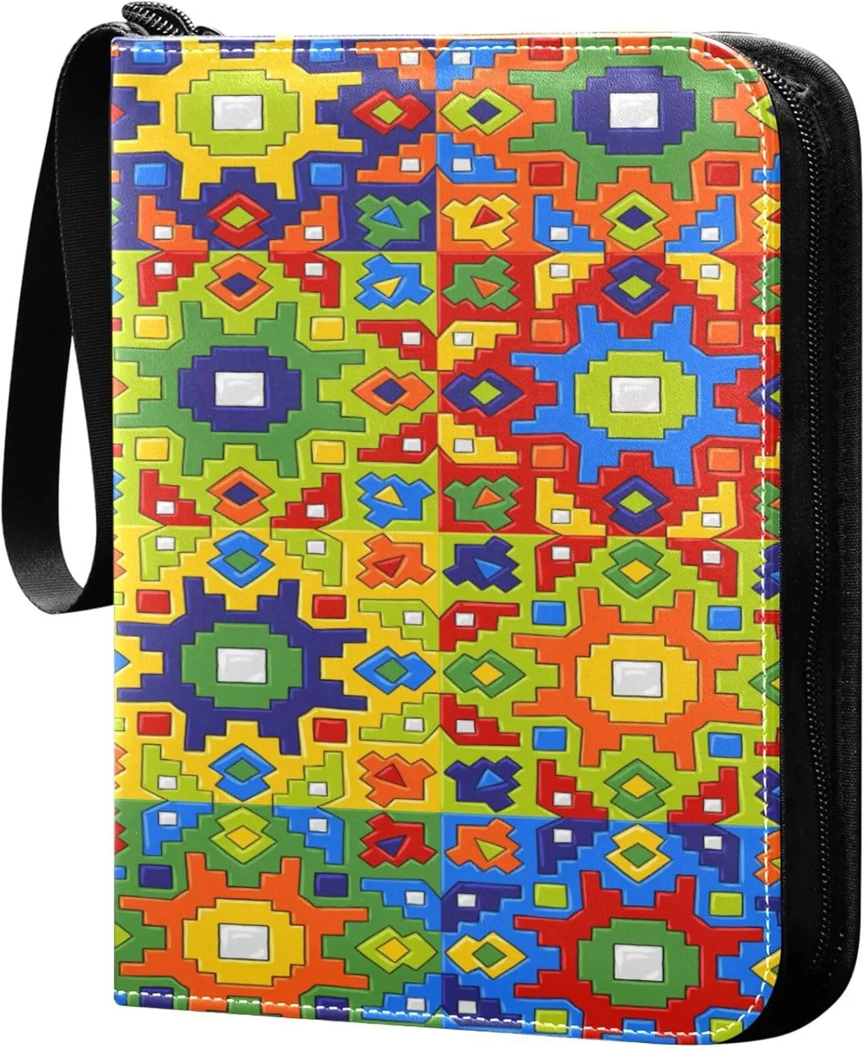 Exnundod 4 Pocket Trading Card Binder Colorful Mexican Tiles PU Leather Card Collection Binder Abstract Pattern 400 Cards Organizer Binder Collectible Trading Card Albums for Sports Game Card