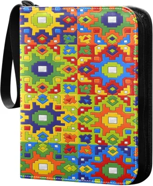 Exnundod 4 Pocket Trading Card Binder Colorful Mexican Tiles PU Leather Card Collection Binder Abstract Pattern 400 Cards Organizer Binder Collectible Trading Card Albums for Sports Game Card