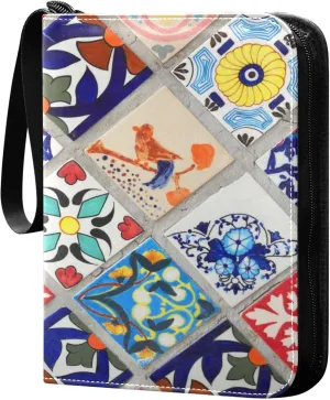 Exnundod 4 Pocket Trading Card Binder Colorful Mexican Tiles PU Leather Card Collection Binder Unique 400 Cards Organizer Binder Collectible Trading Card Albums for Sports Game Card