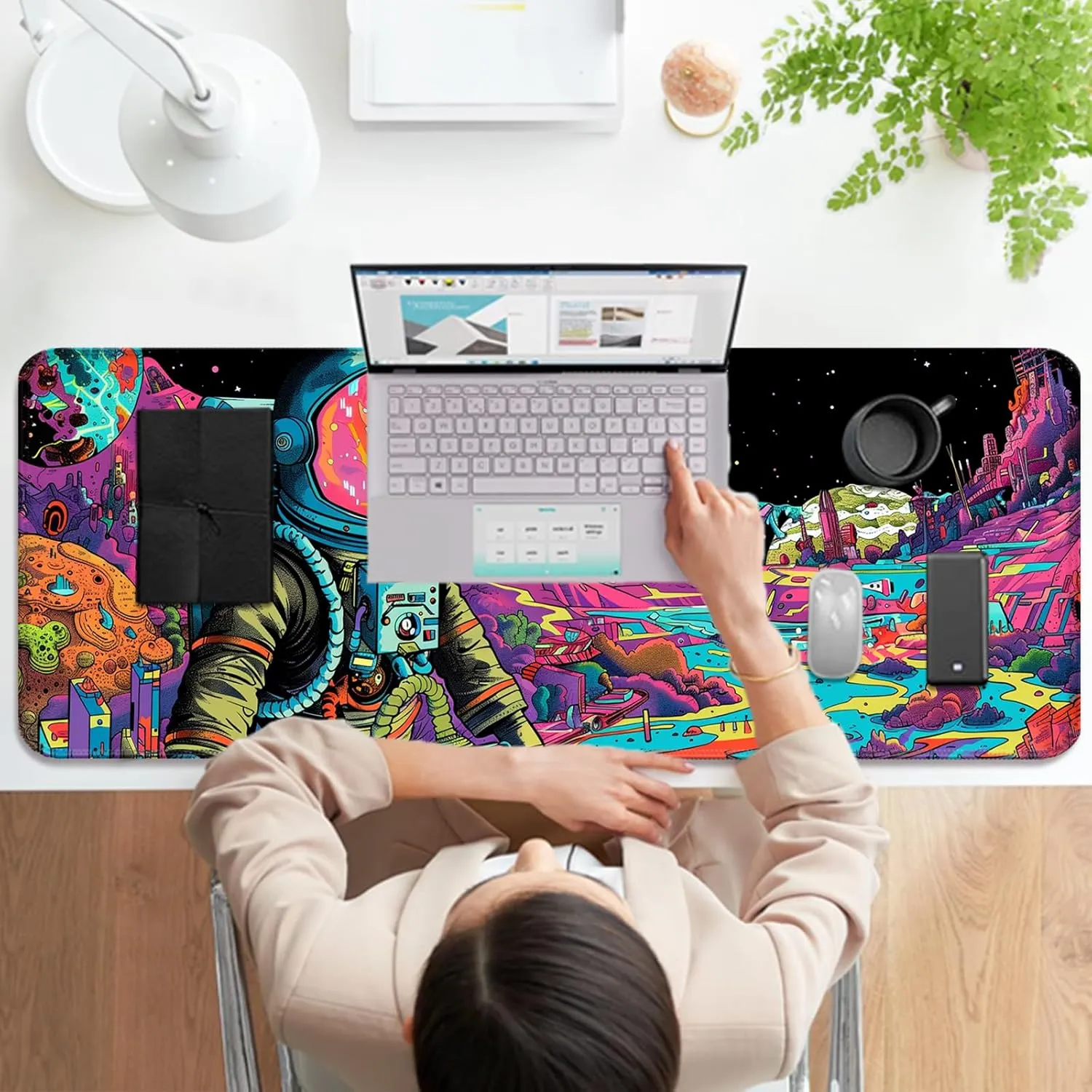 Fantasy Planet Space Gaming Desk Mat, Computer Keyboard Large Extended Astronaut Mouse Pad for Office and Home, 31.5×11.8 Inches, XL