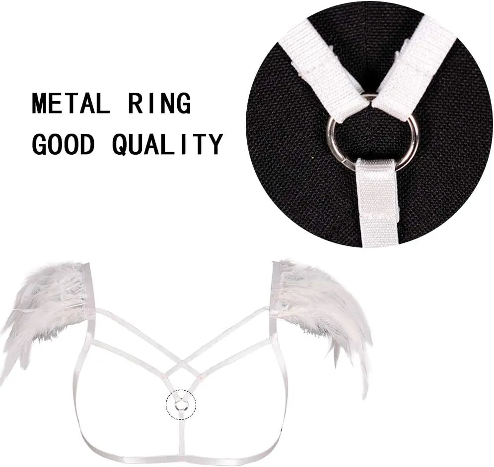 Feathers Epaulets Women's Body Harness Bra Lingerie cage Punk Chest Strap Festival Rave Plus Size