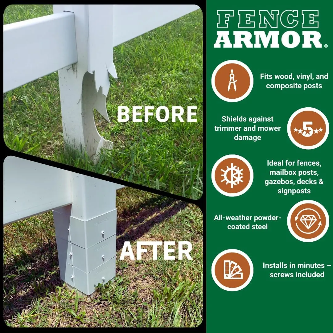 Fence Armor Galvanized Steel Pro-Series Post Guard | Protection Against String Trimmer & Lawn Maintenance Equipment Damage | Includes 4 USA Matching Screws (6x6x6, White)