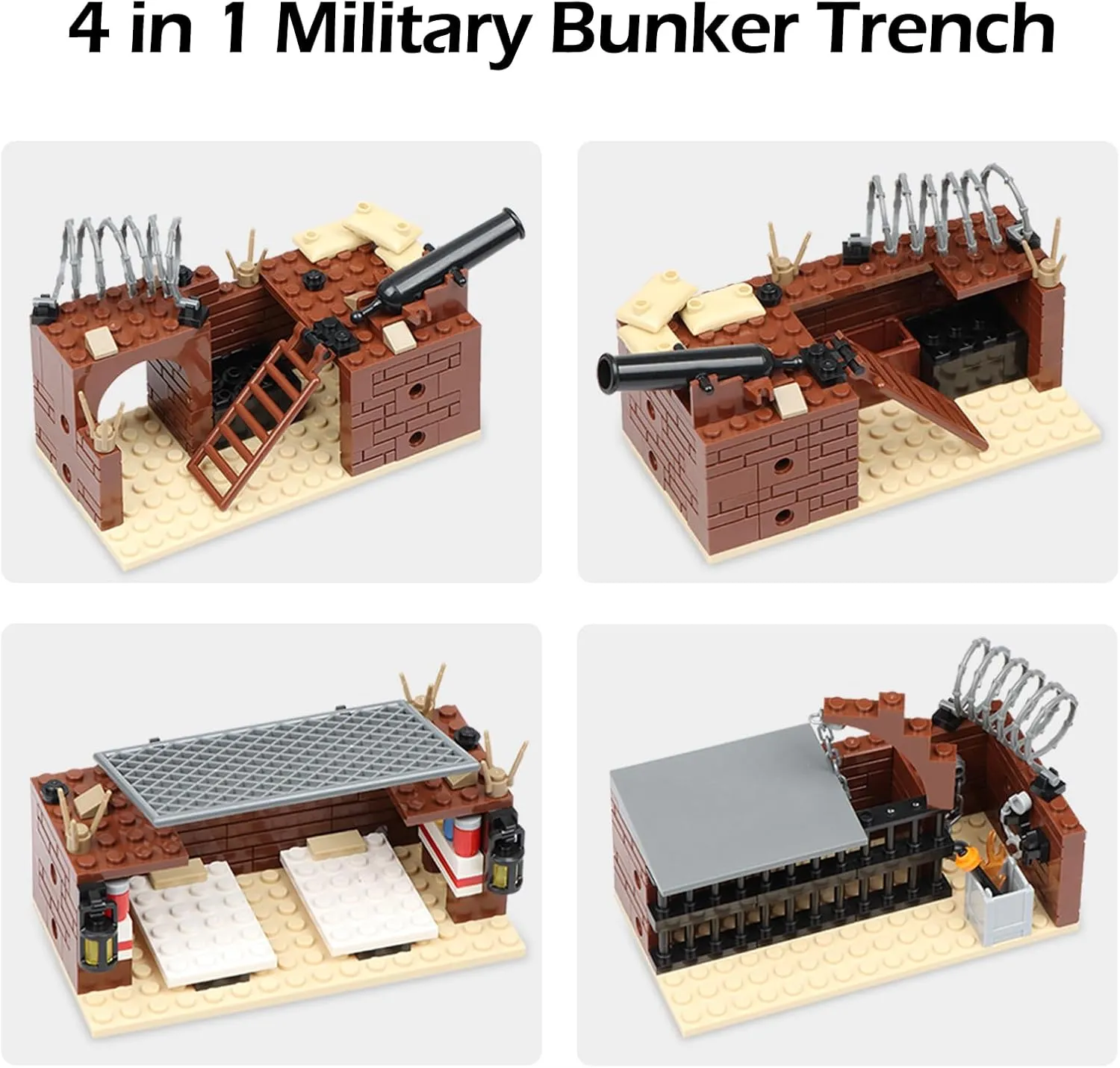 Finger Rock WW2 Military Base Bunker Trench Building Set, 4 in 1 Army Base Set with Medical Point, Penitentiary and Big Guns, Suitable for Military War Scenarios, Idea Gifts for Kid Adults 8  (325pcs)