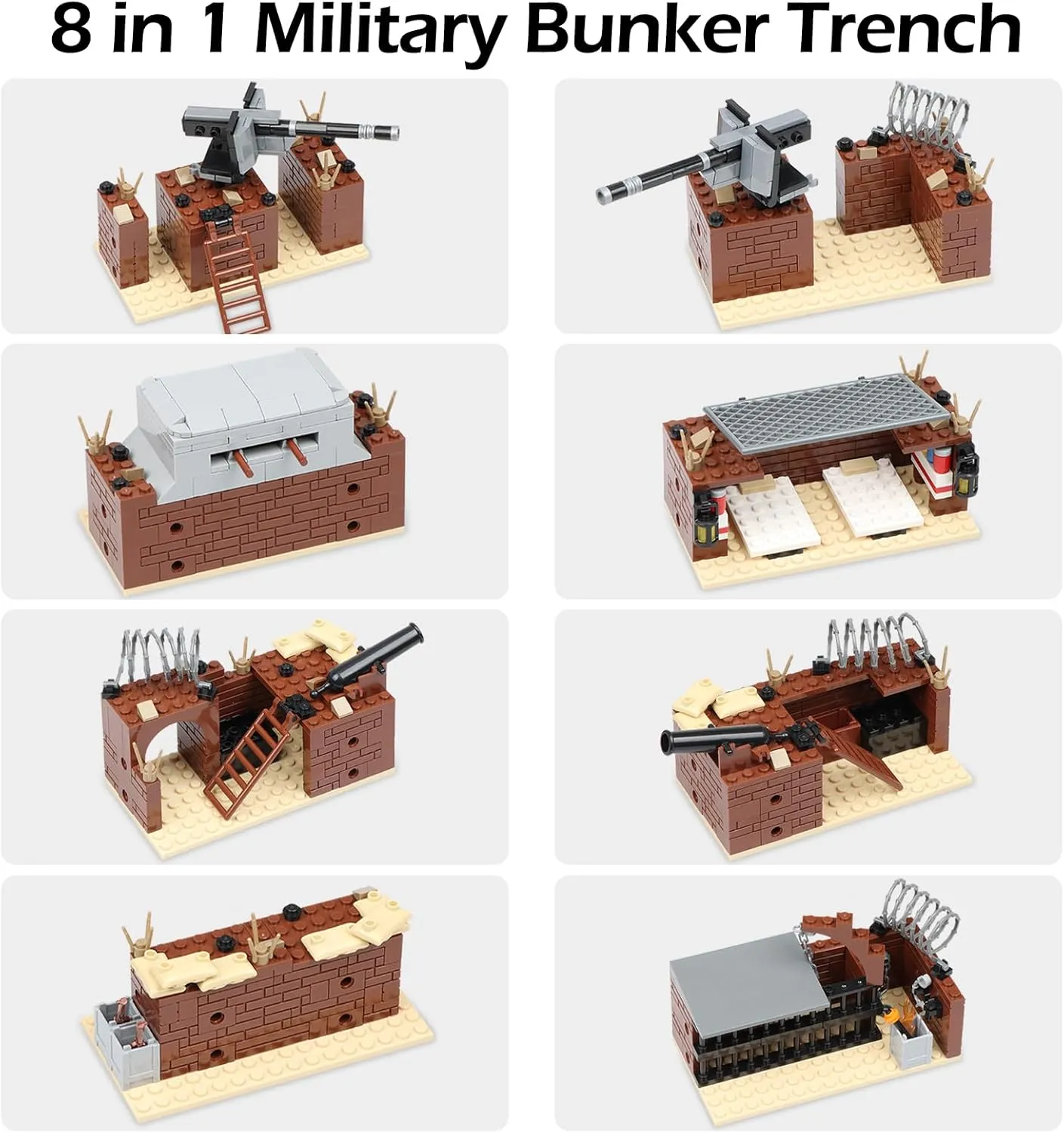 Finger Rock WW2 Military Base Bunker Trench Building Set, 8 in 1 Army Battle Scenes with Fortresses, Anti-Aircraft Guns, Treatment Room and Penitentiary, Idea Gifts for Kids Adults 8  (833pcs)
