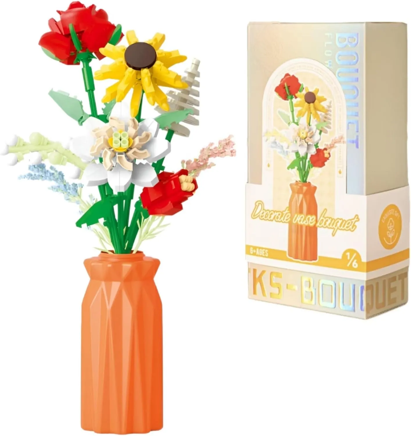 Flowers Bouquet Building Set with Vase for Adults, Artificial Red Roses Flowers Botanical Collection for Home Office Decor, Unique Gift for Her Valentine Mothers Day Christmas