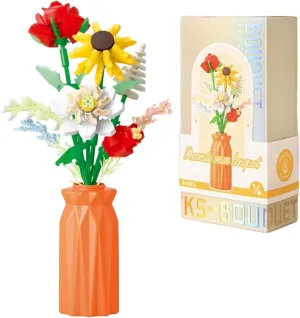 Flowers Bouquet Building Set with Vase for Adults, Artificial Red Roses Flowers Botanical Collection for Home Office Decor, Unique Gift for Her Valentine Mothers Day Christmas