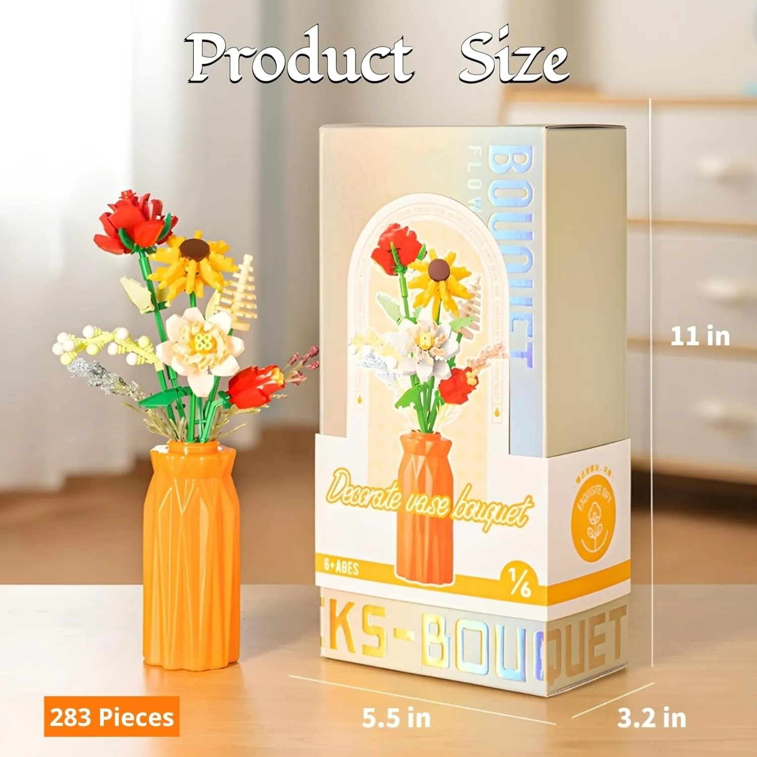 Flowers Bouquet Building Set with Vase for Adults, Artificial Red Roses Flowers Botanical Collection for Home Office Decor, Unique Gift for Her Valentine Mothers Day Christmas