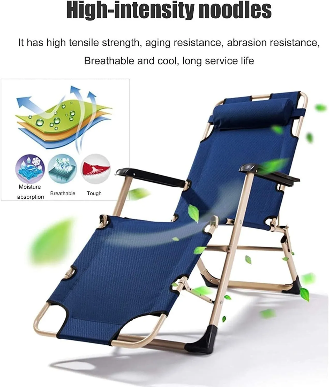 Folding Reclining Chair, Adjustable Office & Terrace Lounge Chair, Portable Camping Sun Lounger with Lake Blue Cotton Pad(Chair Lake Blue Cotton Pad)
