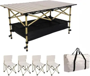 Folding Table and Seats Portable Lightweight Picnic Carbon Steel Family Table Chair Set Folding Picnic Table with Chairs Set, Carrying Storage Bag, Net Bag