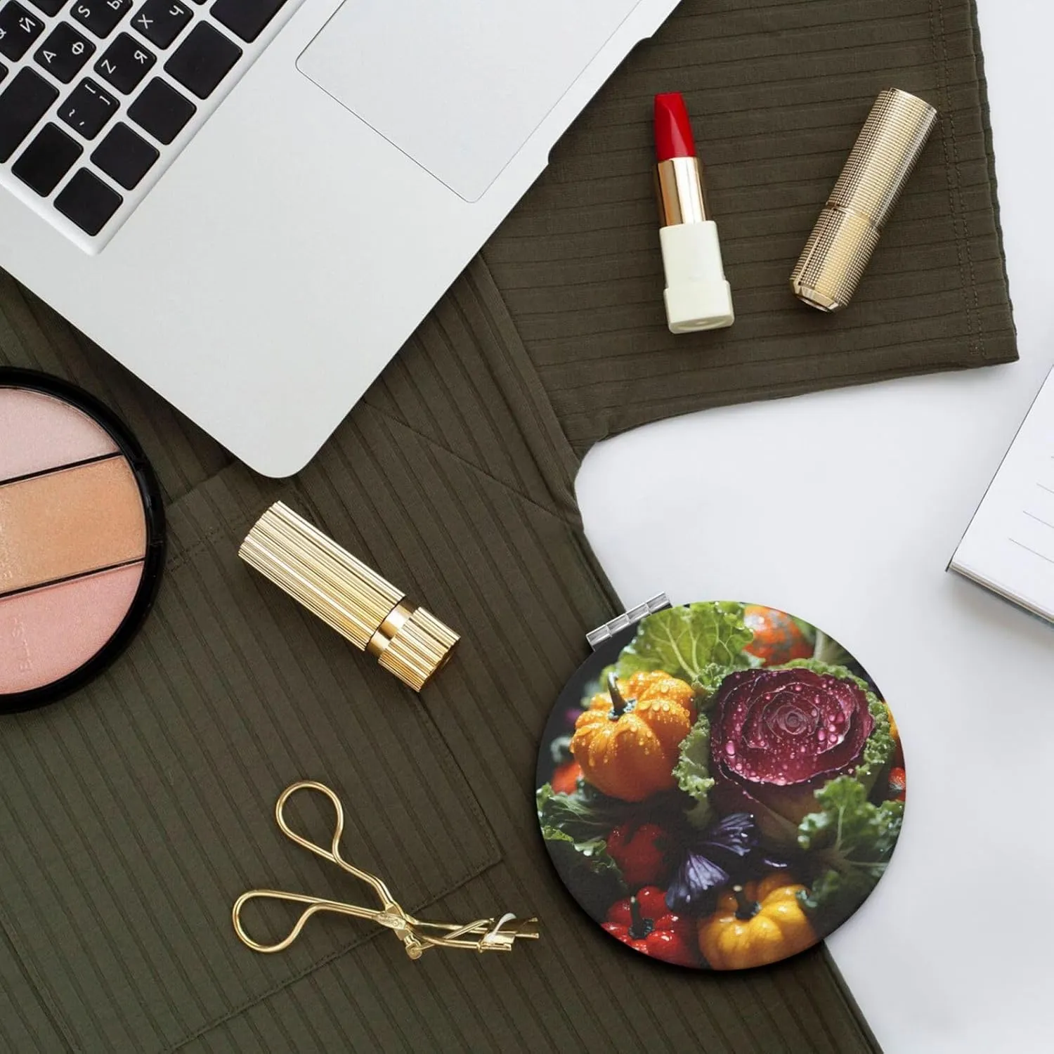 Fresh Cabbage Makeup Mirror Portable Folding Mini Mirror Double Sided Travel Makeup Mirror Round Shape Handheld Pocket Mirror