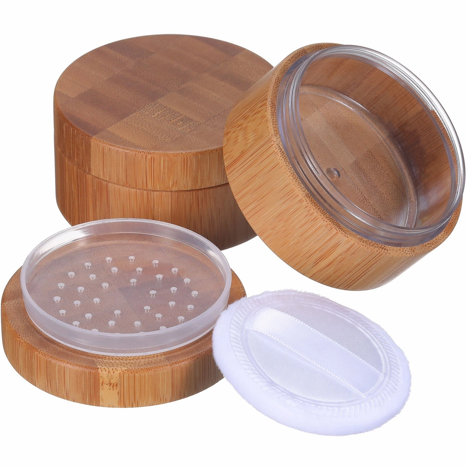 Frienda 2 Pack 30 ml Empty Loose Powder Container small Compact Case Refillable Bamboo Cosmetic Face Makeup Travel Loose Reusable Box Portable DIY Case Holder Supplies with Sifter Lids and Powder Puff
