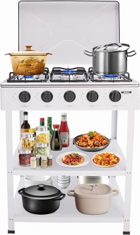 Gas Stove Portable Stove 5 Burner with Support Leg Stand, Wind Blocking Cover Adapter and 2 Layers Storage Rack Manual Lgnition Camping Stove for RV, Apartment, Outdoor Cooking (White 5 Burner)