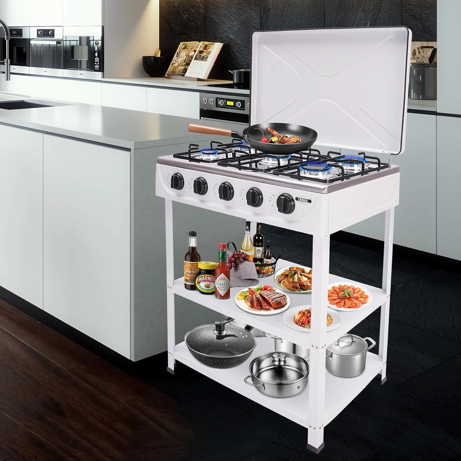 Gas Stove Portable Stove 5 Burner with Support Leg Stand, Wind Blocking Cover Adapter and 2 Layers Storage Rack Manual Lgnition Camping Stove for RV, Apartment, Outdoor Cooking (White 5 Burner)