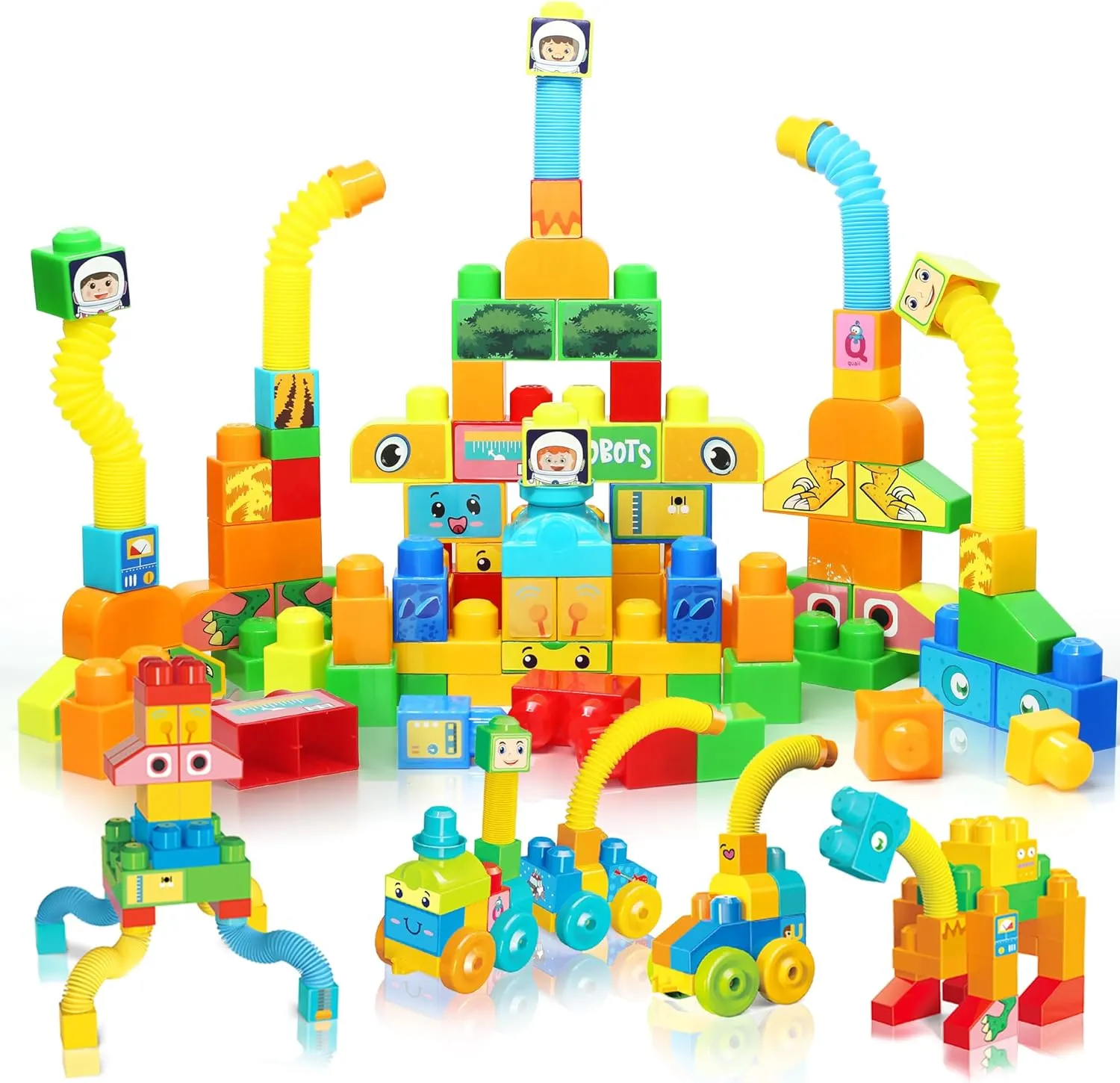 Ggiibro Big Building Blocks Set for Kids 2-5,Building Bricks for Toddler Development and Motor Skills,Blocks STEM Toys for Kids Ages 3 Compatible with Major Brands,Include Trains,Wheels and Chimneys