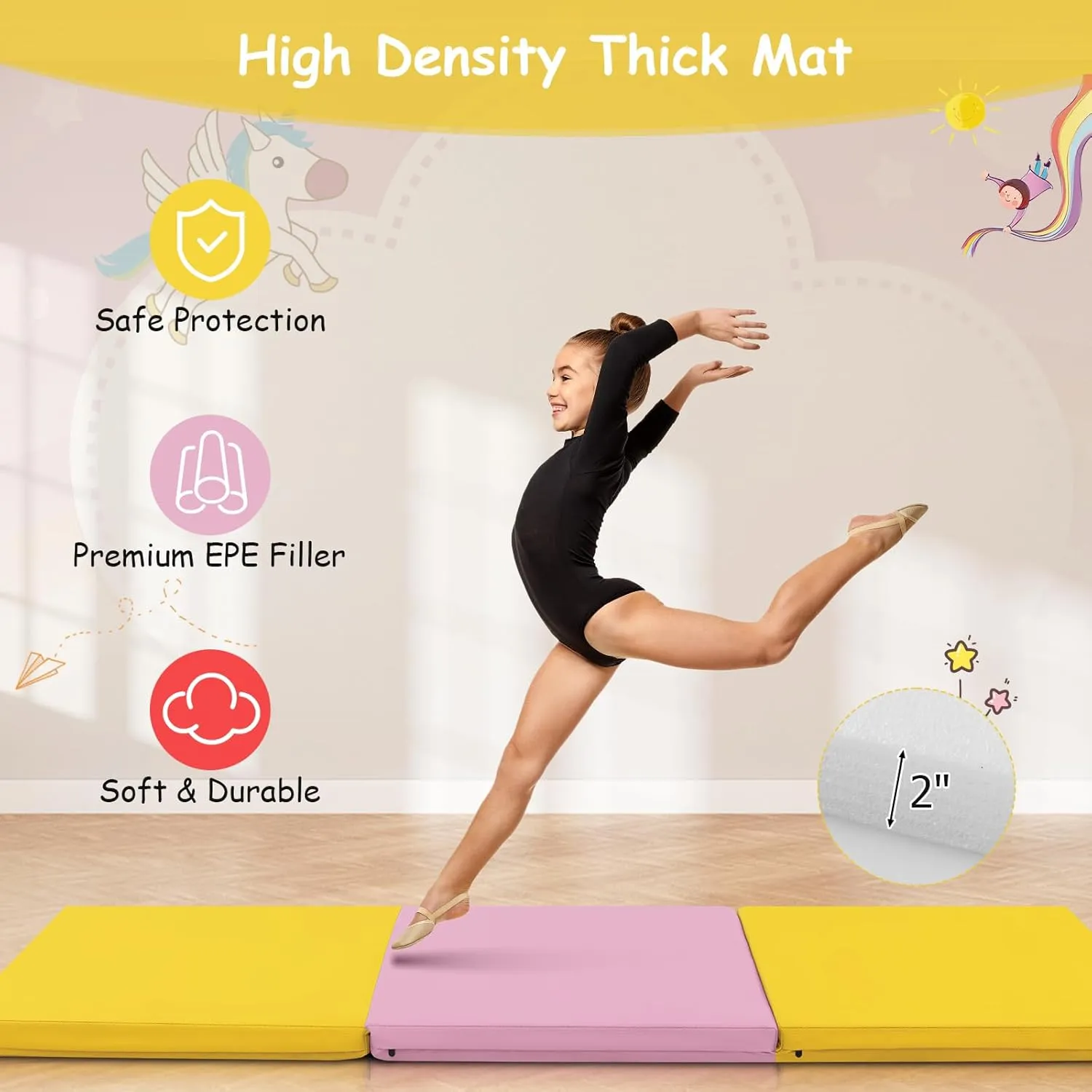 Giantex 6'x 2' Gymnastics Mat, 2" Thick Folding Tumbling Mat with Hook and Loop Fastener, Foldable Gym Mat with Carrying Handles, Cheer Mats for Kids Adults Home Exercise Aerobics Fitness