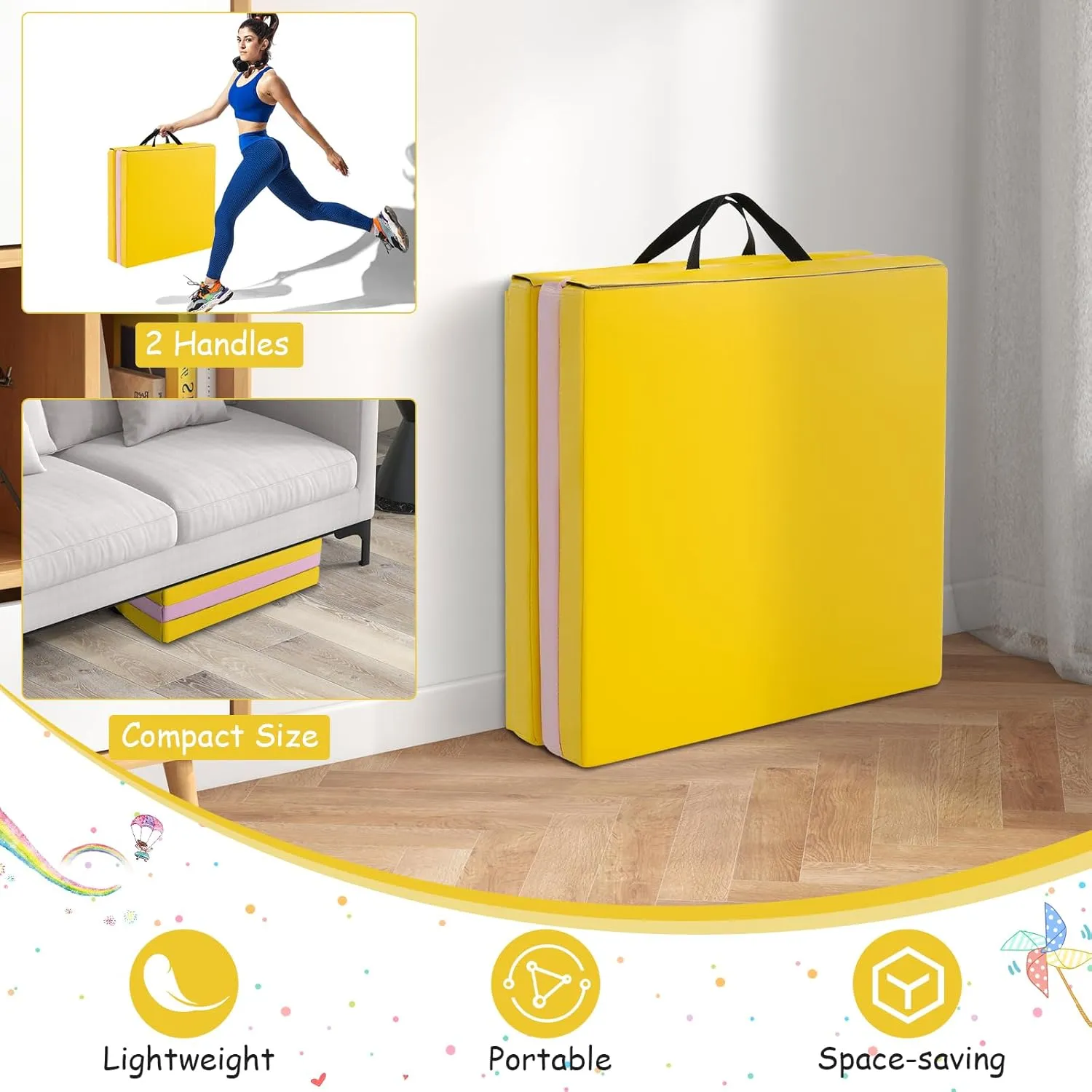 Giantex 6'x 2' Gymnastics Mat, 2" Thick Folding Tumbling Mat with Hook and Loop Fastener, Foldable Gym Mat with Carrying Handles, Cheer Mats for Kids Adults Home Exercise Aerobics Fitness
