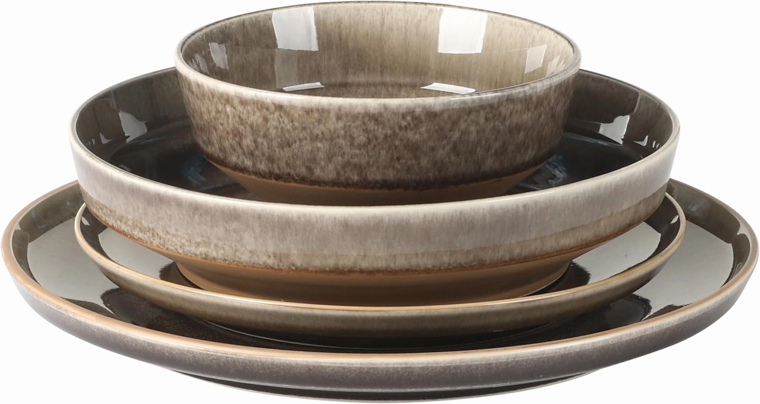 Gibson Elite Hailstone 16 Piece Stoneware Reactive Glaze (Service for 4) Ceramic Plates and Bowls Dinnerware Set - Black