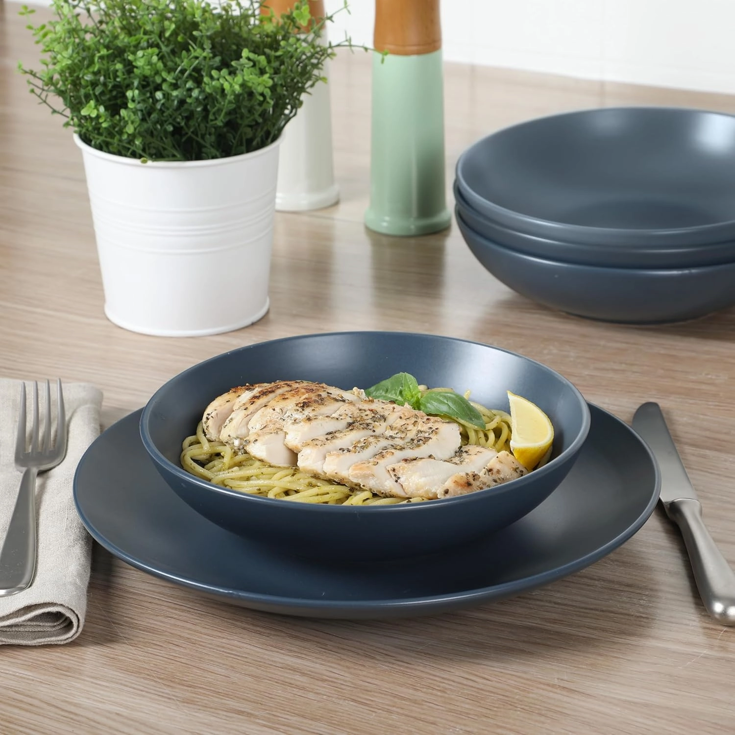 Gibson Home Queenslane 16 Piece Double Bowl Plates and Bowls Dinnerware Sets - Matte Blue