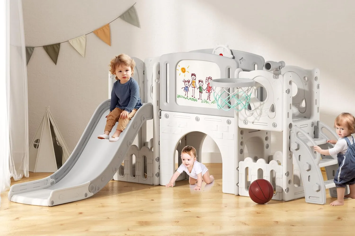Glaf Toddler Slide Outdoor Playset 9 in 1 Slides for Toddlers 1-3 Indoor Playground Kids Baby with Climber Basketball Hoop Drawing Board and Storage Space (Grey)