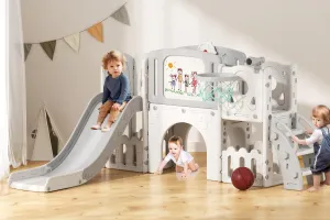 Glaf Toddler Slide Outdoor Playset 9 in 1 Slides for Toddlers 1-3 Indoor Playground Kids Baby with Climber Basketball Hoop Drawing Board and Storage Space (Grey)