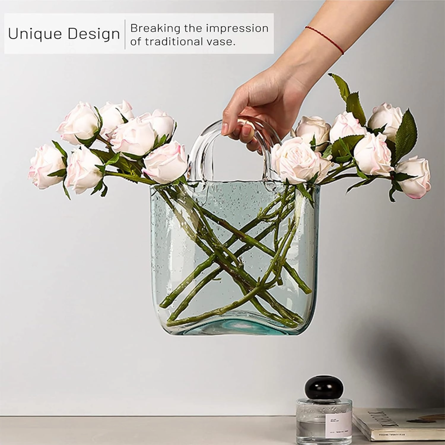 Glass Purse Vase for Flowers, Multifunctional Hand Glass Vase Purse Vase with Fish Bowl Handbag Vase, Decor Glass Vase for Photo/Birthday/Home Décor,Style1-Pink