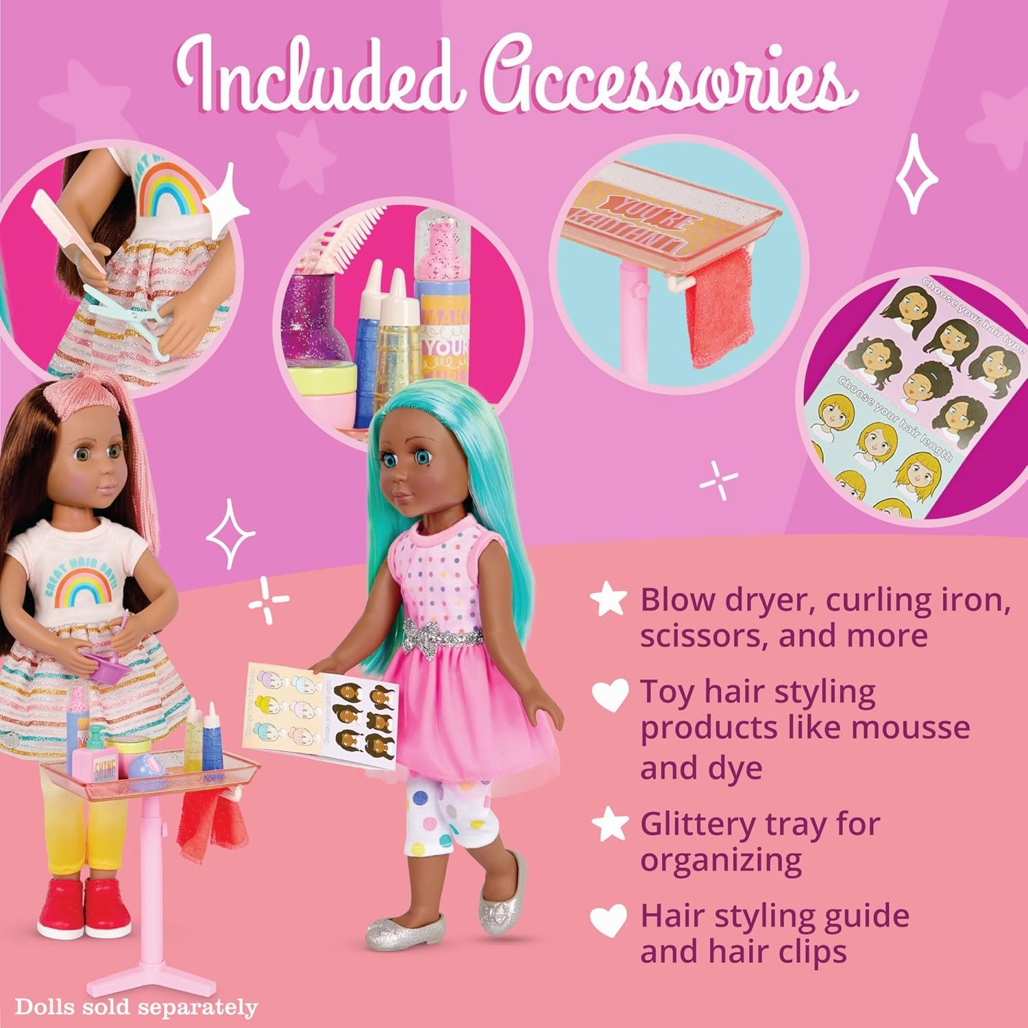 Glitter Girls – Hair Salon Set – Accessories for 14-inch Dolls – Blow Dryer, Mirror, & Hair Styling Tools – Pretend Hair Products – Toys for Kids 3 Years   – GG Style Surprise Playset