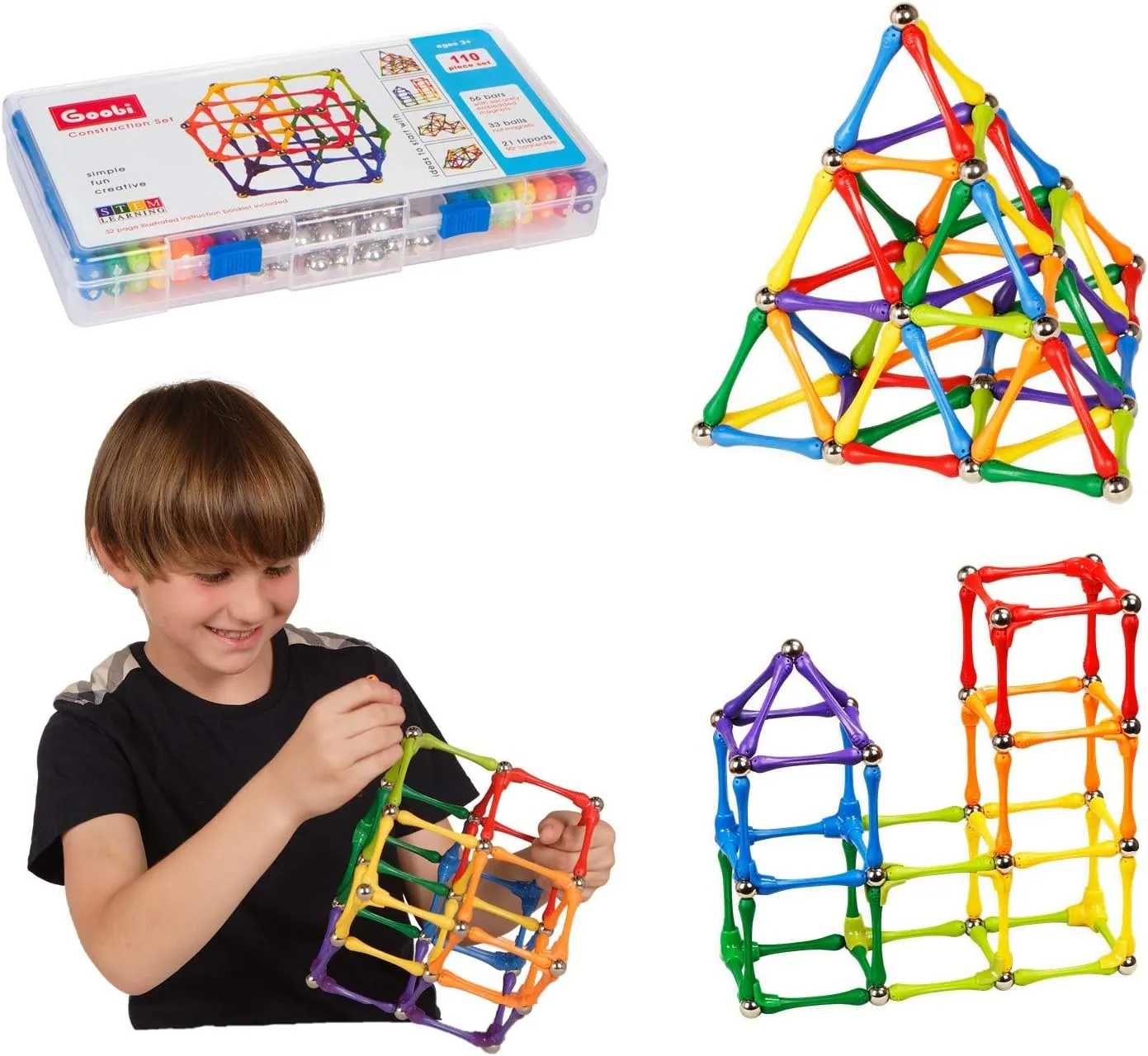 Goobi Magnetic Building Sticks Blocks Toys Magnet Construction Set Tiles Toy Montessori STEM Educational Toys for Ages 3 4 5 6 7 8 Kids (110 Pcs, 110, Pieces)