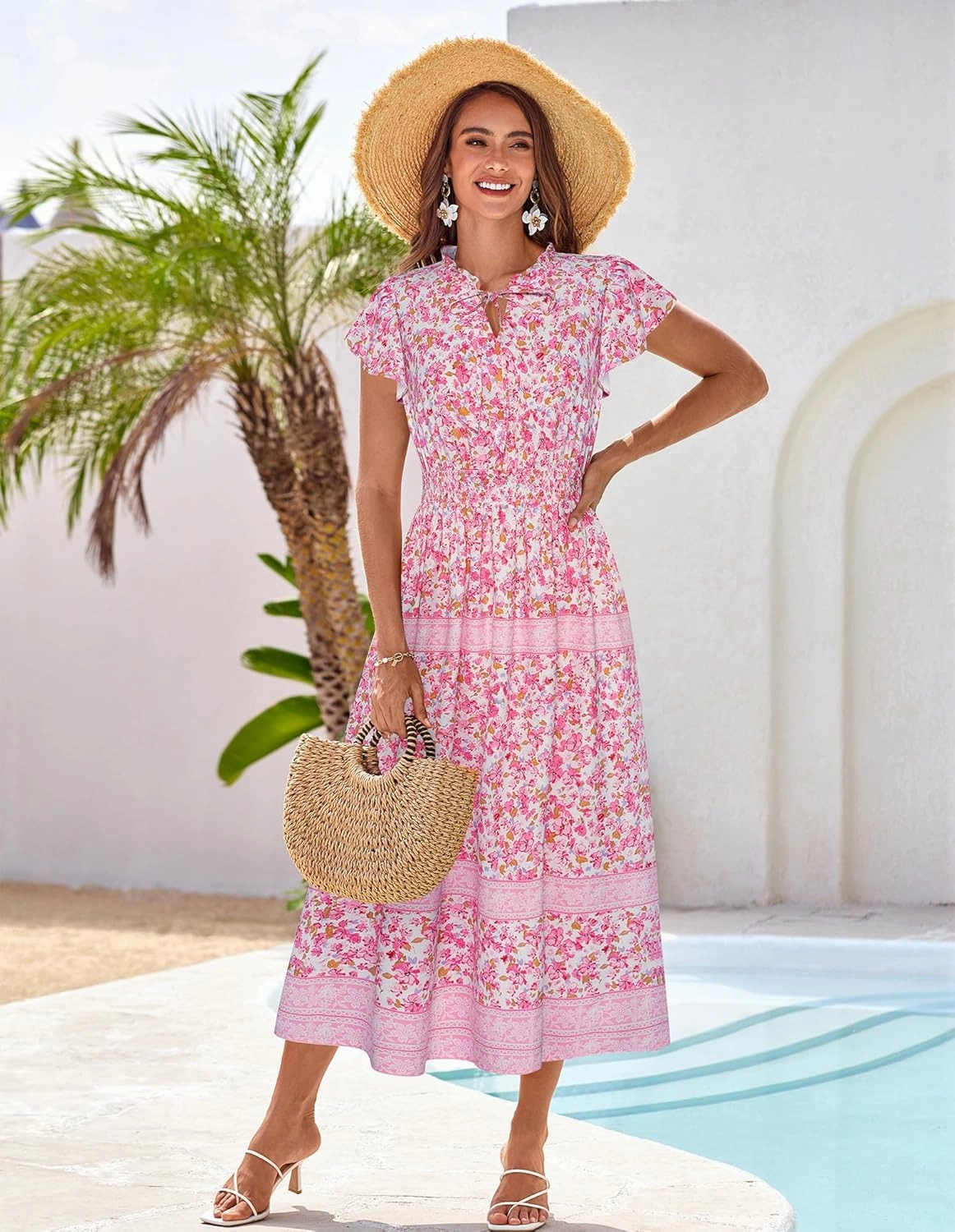 GRACE KARIN Women's Floral Boho Dress Hawaiian Dresse Short Sleeve V Neck Summer Beach Wedding Guest Swing Maxi Sundress