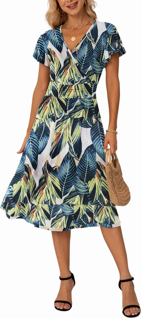 GRECERELLE Spring Summer Dress for Women Casual Ruffle Short Sleeve Wrap V-Neck Dress
