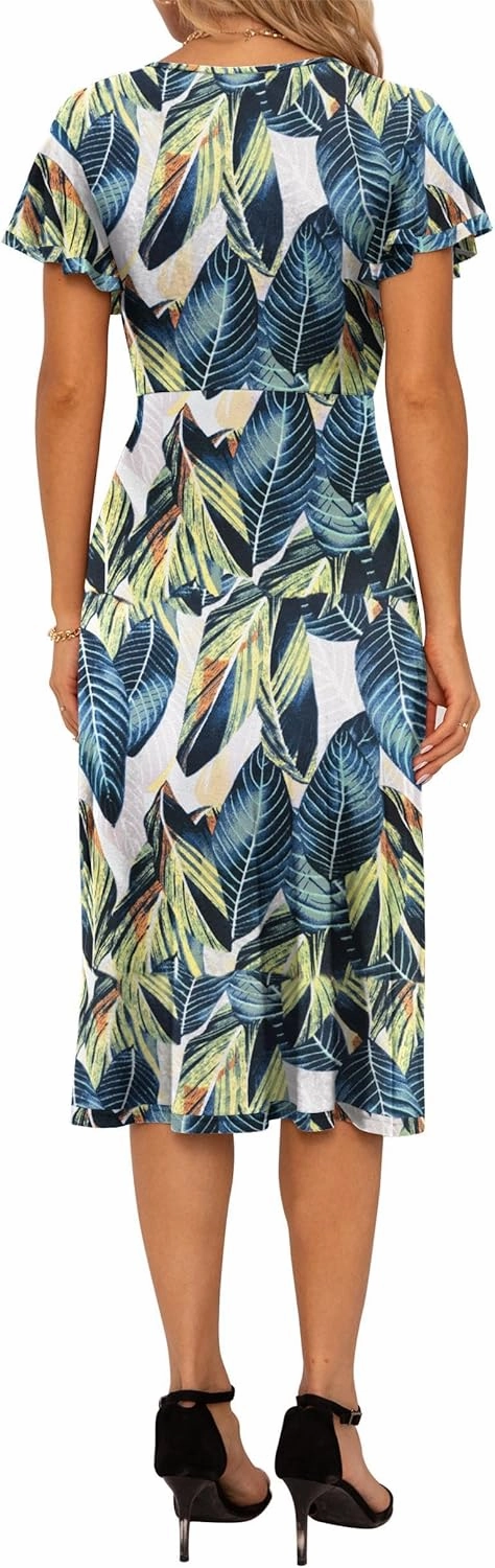 GRECERELLE Spring Summer Dress for Women Casual Ruffle Short Sleeve Wrap V-Neck Dress