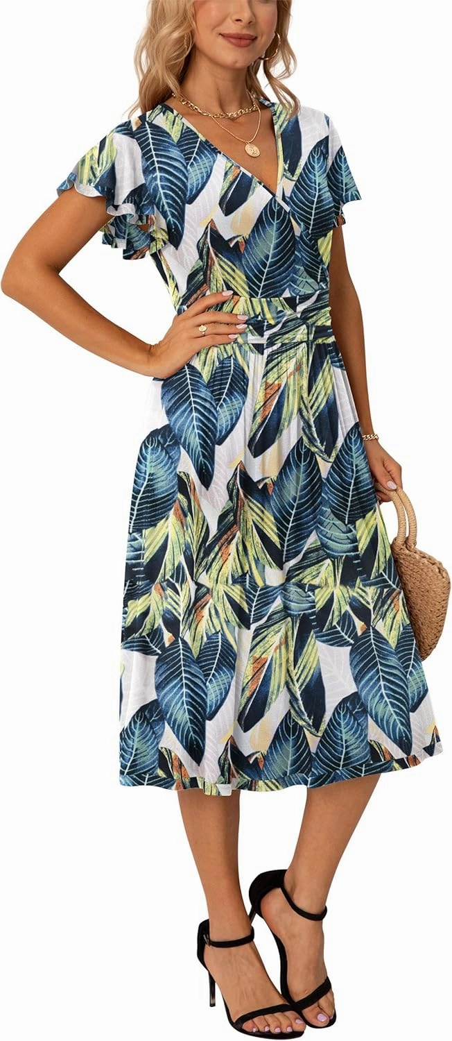 GRECERELLE Spring Summer Dress for Women Casual Ruffle Short Sleeve Wrap V-Neck Dress