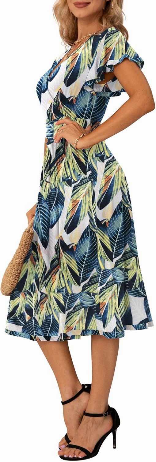 GRECERELLE Spring Summer Dress for Women Casual Ruffle Short Sleeve Wrap V-Neck Dress
