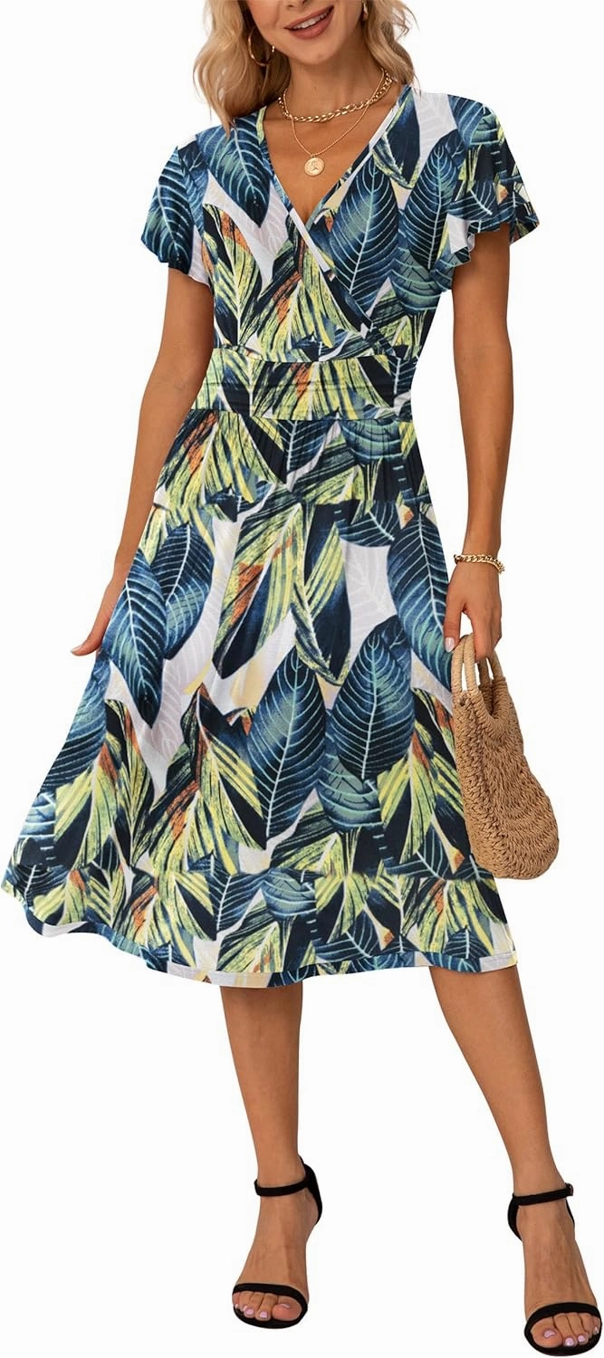 GRECERELLE Spring Summer Dress for Women Casual Ruffle Short Sleeve Wrap V-Neck Dress