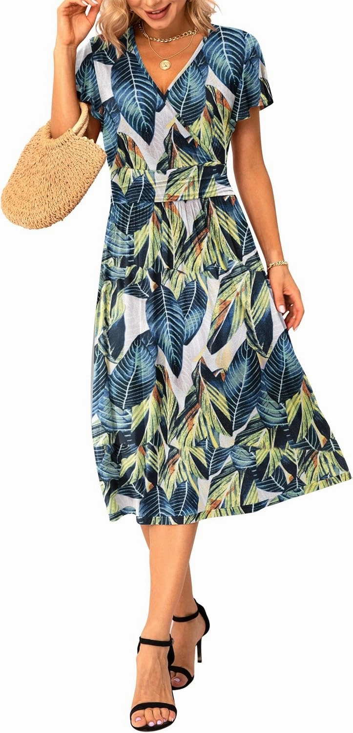 GRECERELLE Spring Summer Dress for Women Casual Ruffle Short Sleeve Wrap V-Neck Dress