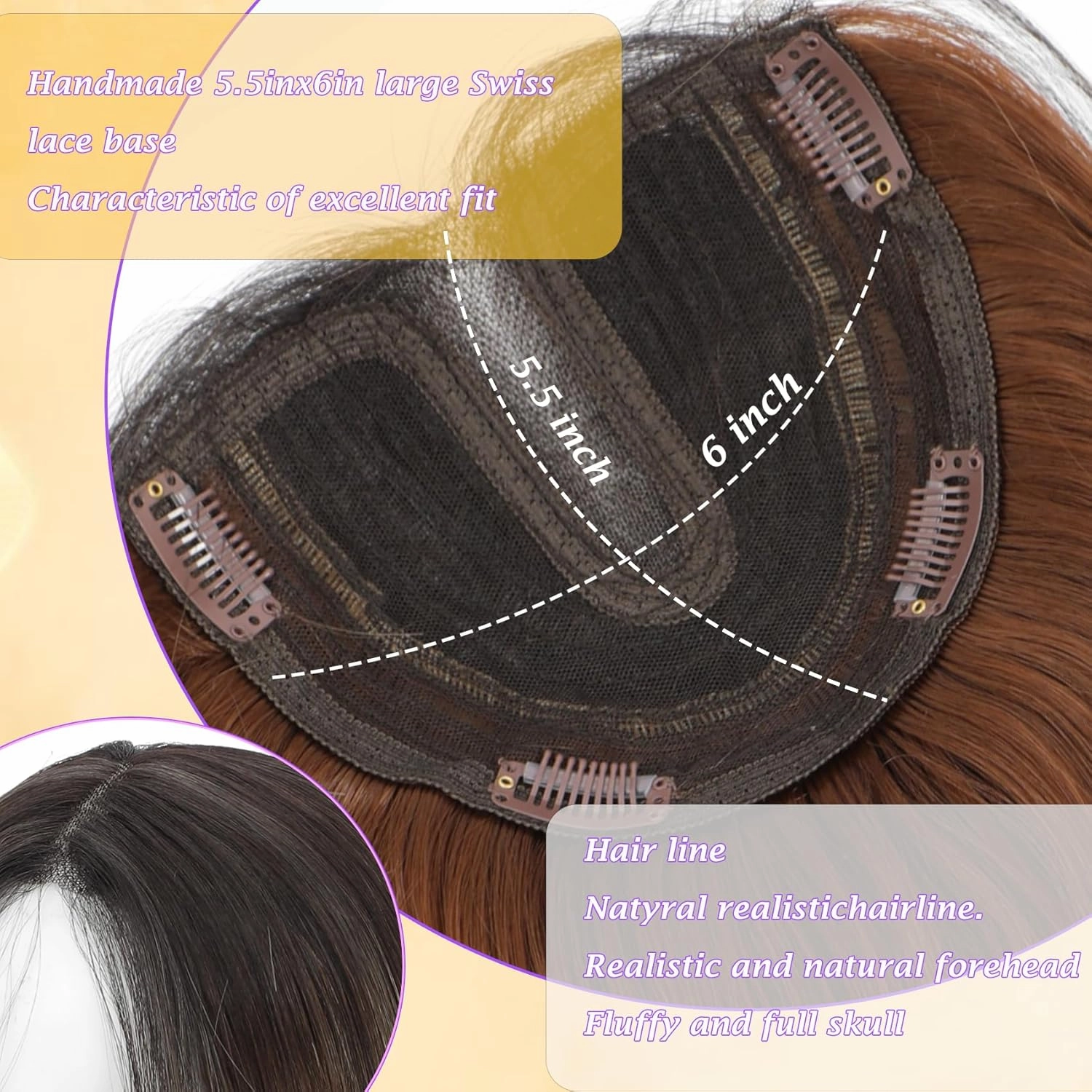 Hair Toppers 6''×5.5'' large for Women with Thinning Hair Straight Hair Topper with Bangs lace Hairpiece Synthetic Wig (Dark Brown to Warm Auburn Balayage with Light Highlights)