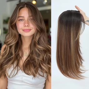 Hair Toppers 6''×5.5'' large for Women with Thinning Hair Straight Hair Topper with Bangs lace Hairpiece Synthetic Wig (Dark Brown to Warm Auburn Balayage with Light Highlights)