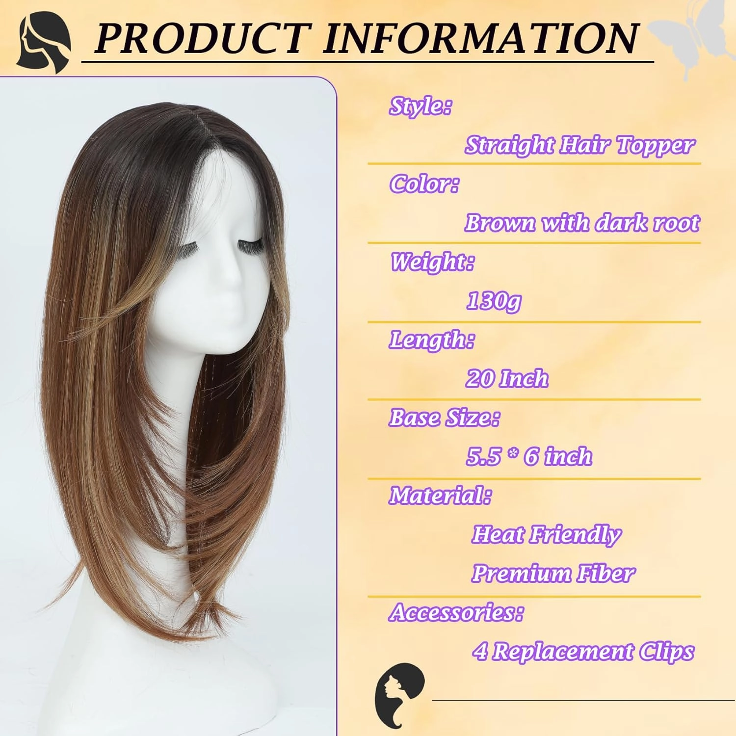 Hair Toppers 6''×5.5'' large for Women with Thinning Hair Straight Hair Topper with Bangs lace Hairpiece Synthetic Wig (Dark Brown to Warm Auburn Balayage with Light Highlights)