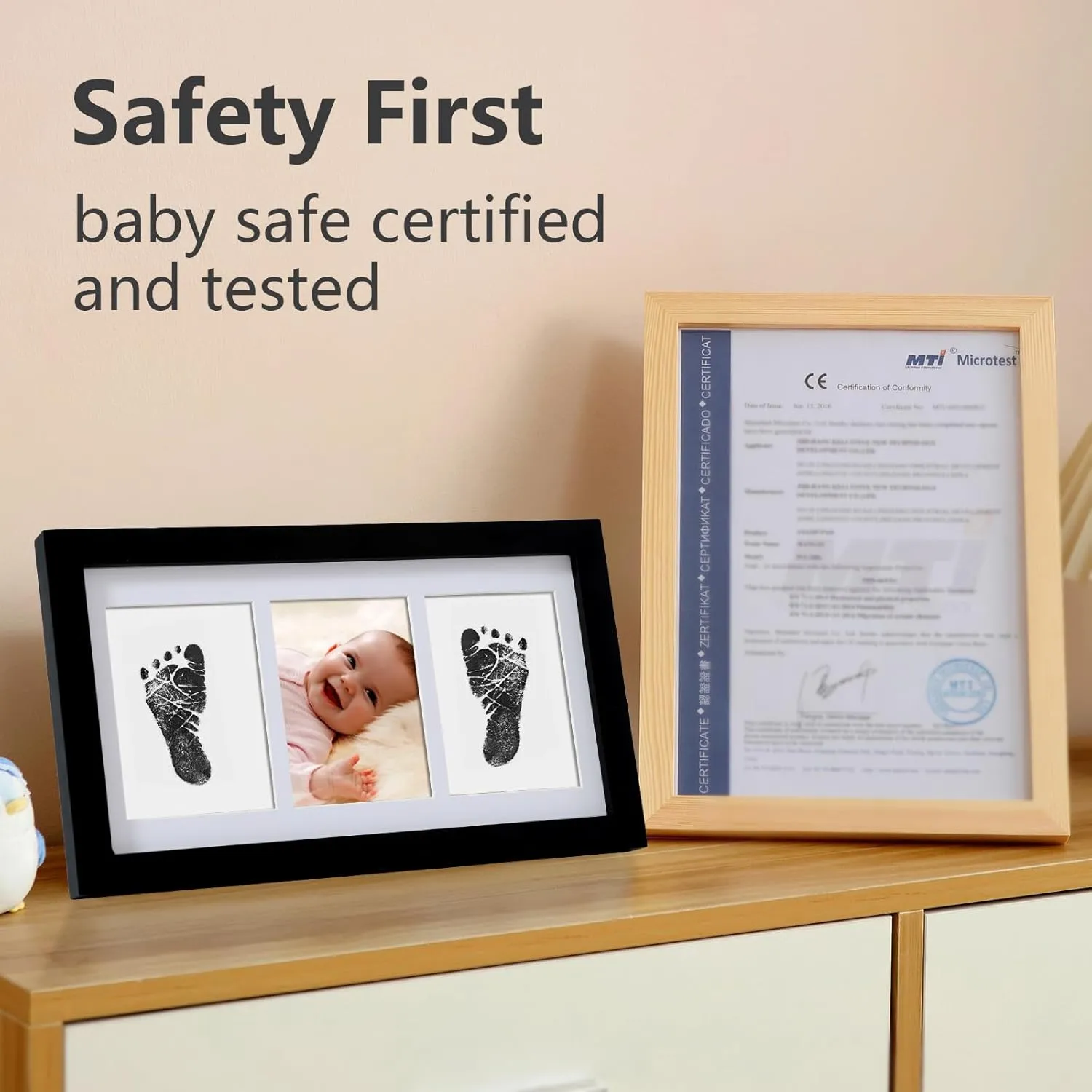 Hand and Footprint Kit,Inkless Handprint Kit with 2 Safe Clean-Touch Ink Pads and a Wooden Baby Picture Frame Gifts for New Parents, Shower Gift-Black