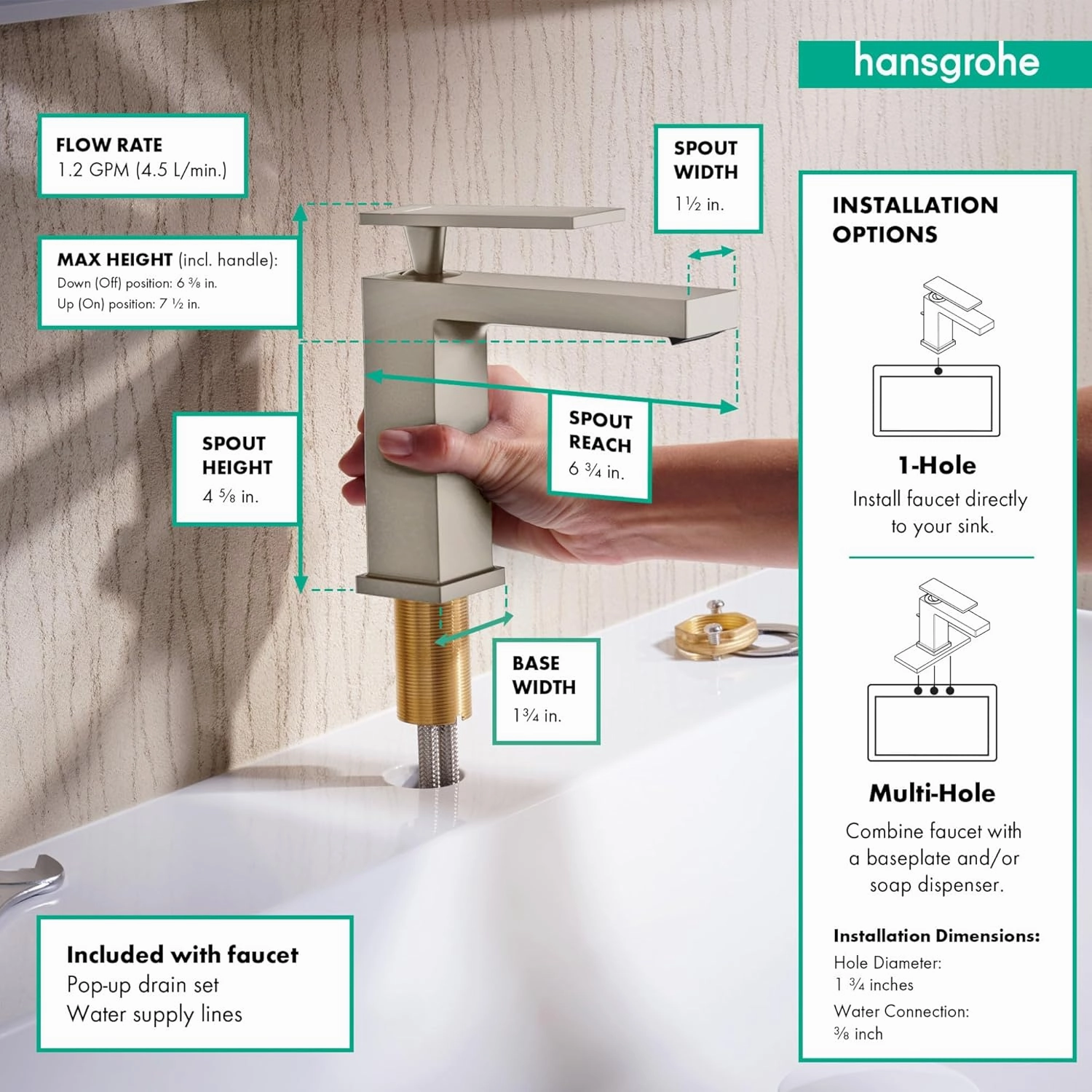 hansgrohe Tecturis E -Handle -Hole 6-inch Tall Bathroom Sink Faucet in Brushed Nickel, 73014821