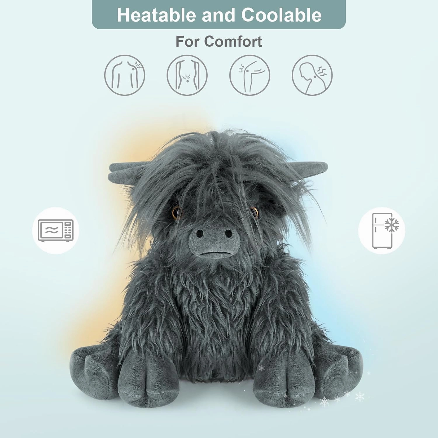 Heatable & Coolable Highland Cow Stuffed Animal, Microwavable Heating Pad for Soothing & Relaxation, Black Cattle Plushies for Stress Relief, Lavender Scented Stuffed Cow Gifts