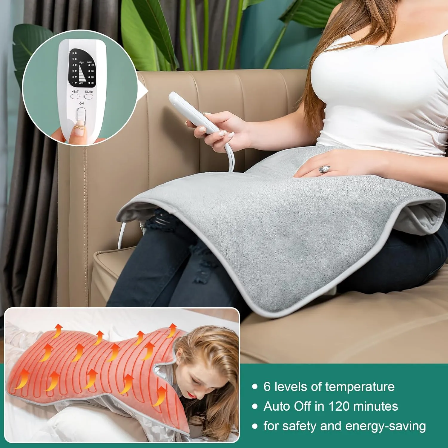 Heating Pad for Back Pain Relief, 22"x 37" Large Heating Pad for Neck and Shoulders, Heat Pad with 6 Heat Settings & 4 Time Settings Auto-Off, Gifts for Women Men Mom Dad (Gray)